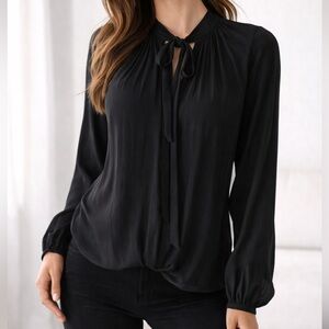 Ramy Brook Black Long Sleeve Tie Neck Pleated Blouse Size Small